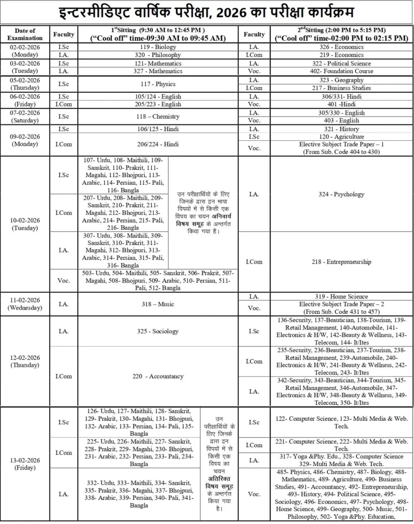 Bihar board inter exam 2026 Routine