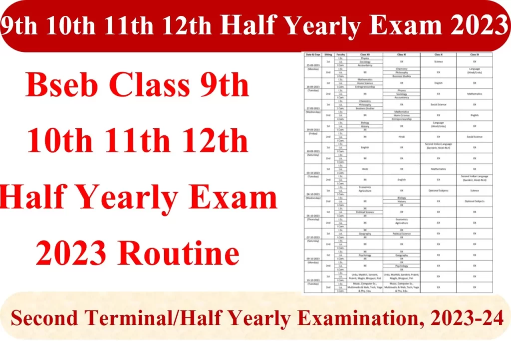 Bseb Class 9th 10th 11th 12th Half Yearly Exam 2023 Routine