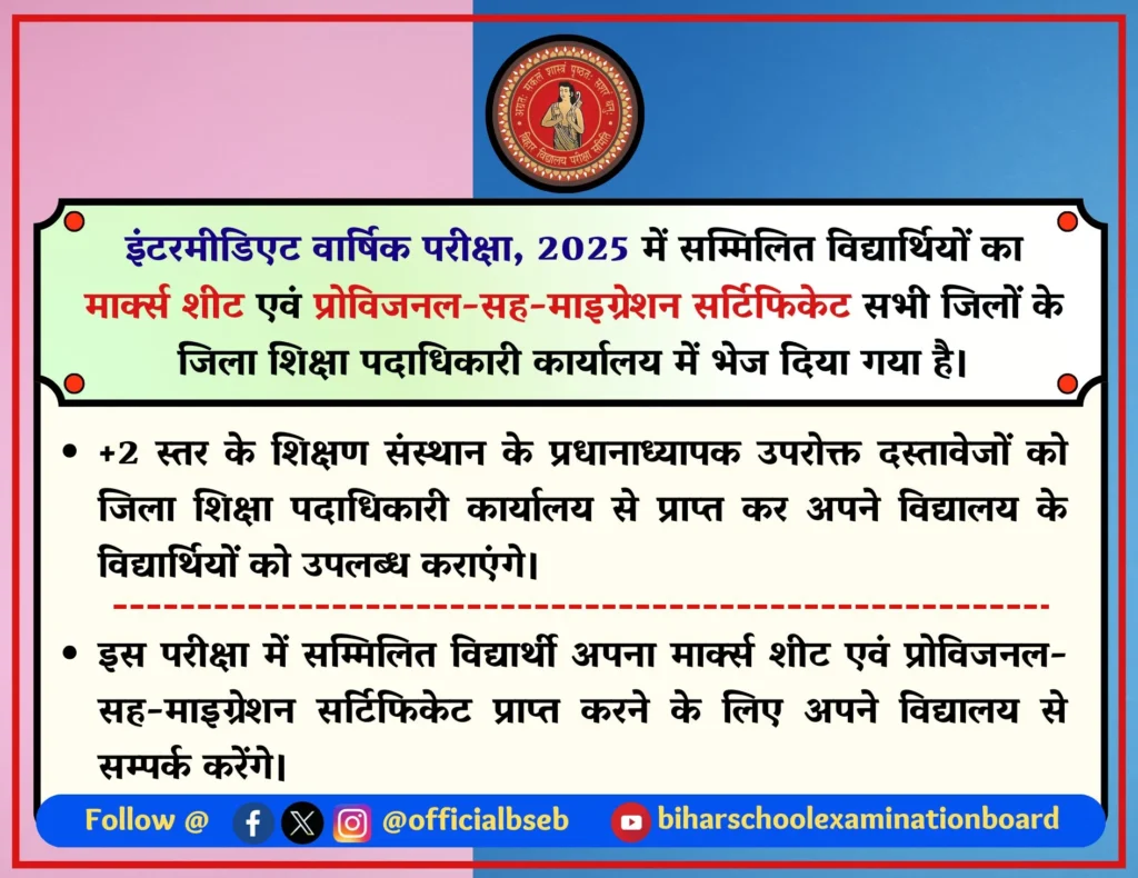 बिहार बोर्ड इंटर परीक्षा 2025 का ओरिजिनल मार्कशीट