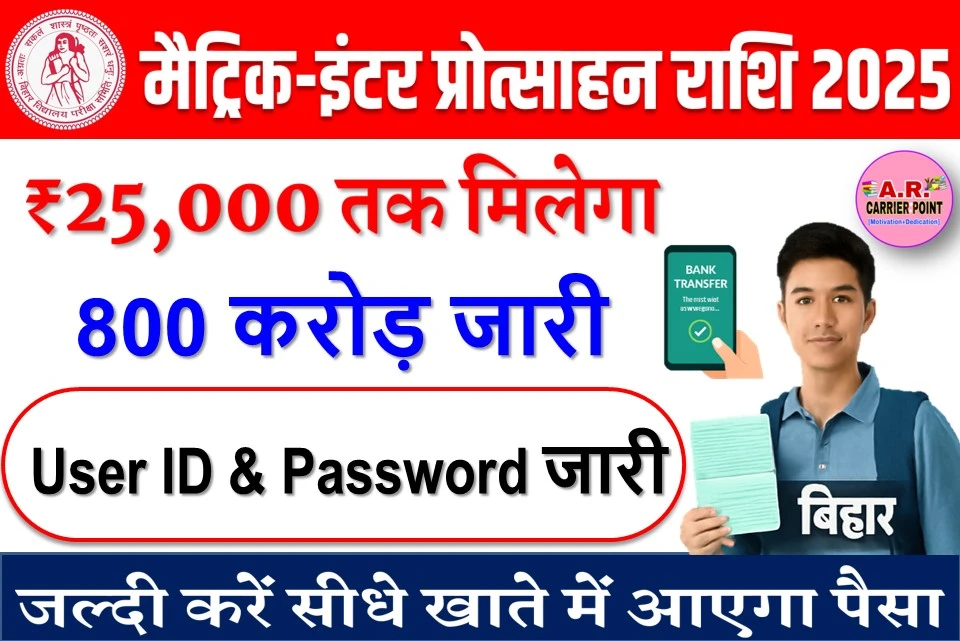 मैट्रिक इंटर पास प्रोत्साहन राशि 2025 | 800 करोड़ रूपया जारी - User ID & Password
