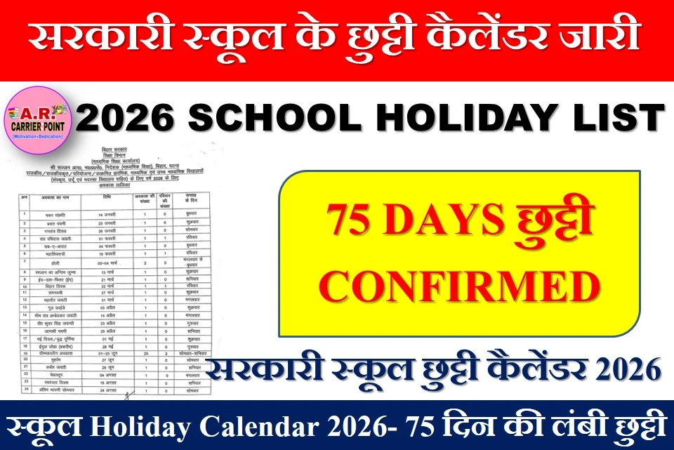 सरकारी स्कूल के छुट्टी का कैलेंडर जारी- 2026 में 75 दिन की छुट्टी
