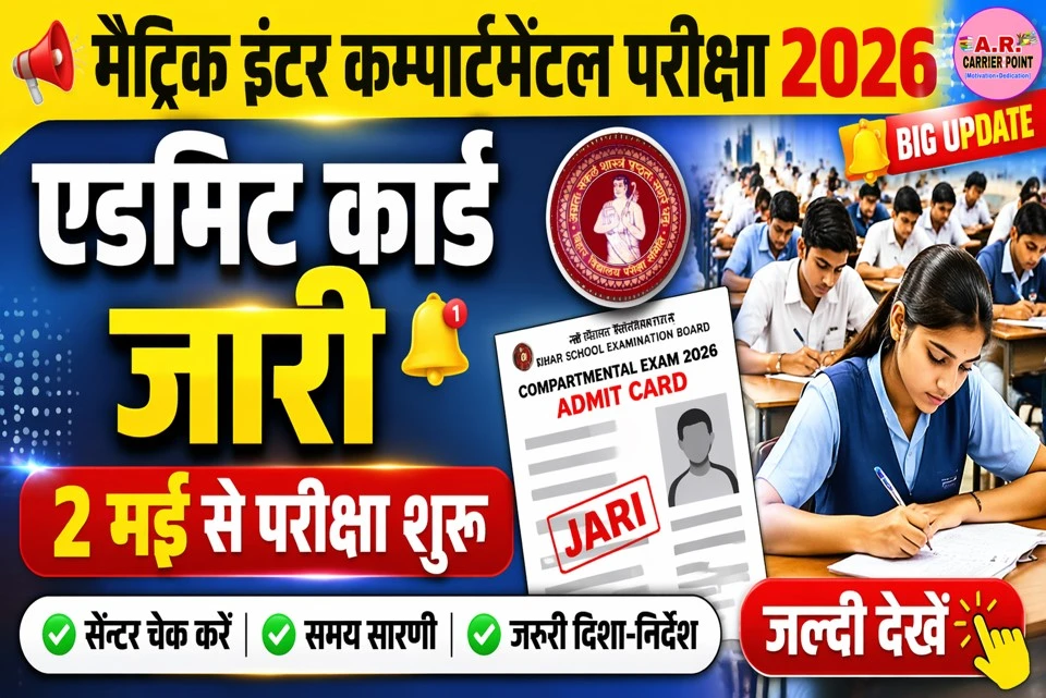 मैट्रिक इंटर कम्पार्टमेंटल परीक्षा 2026 | एडमिट कार्ड जारी | जल्दी देखें