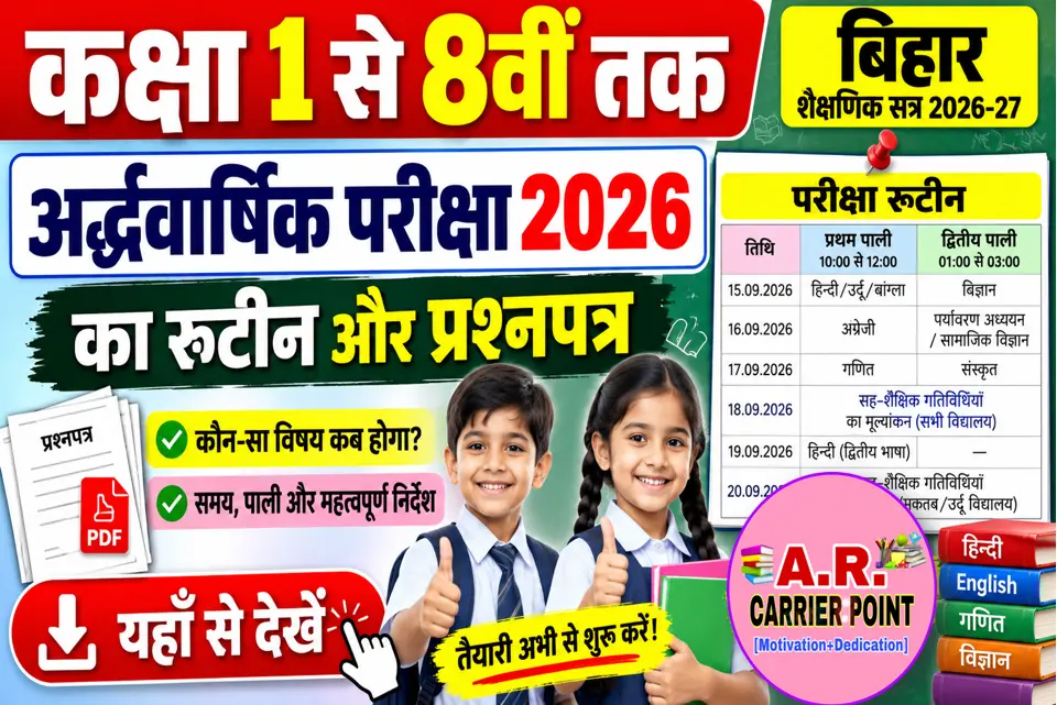 कक्षा 1 से 8वीं तक के अर्द्धवार्षिक परीक्षा का रूटिन प्रश्नपत्र - यहाँ से देखें